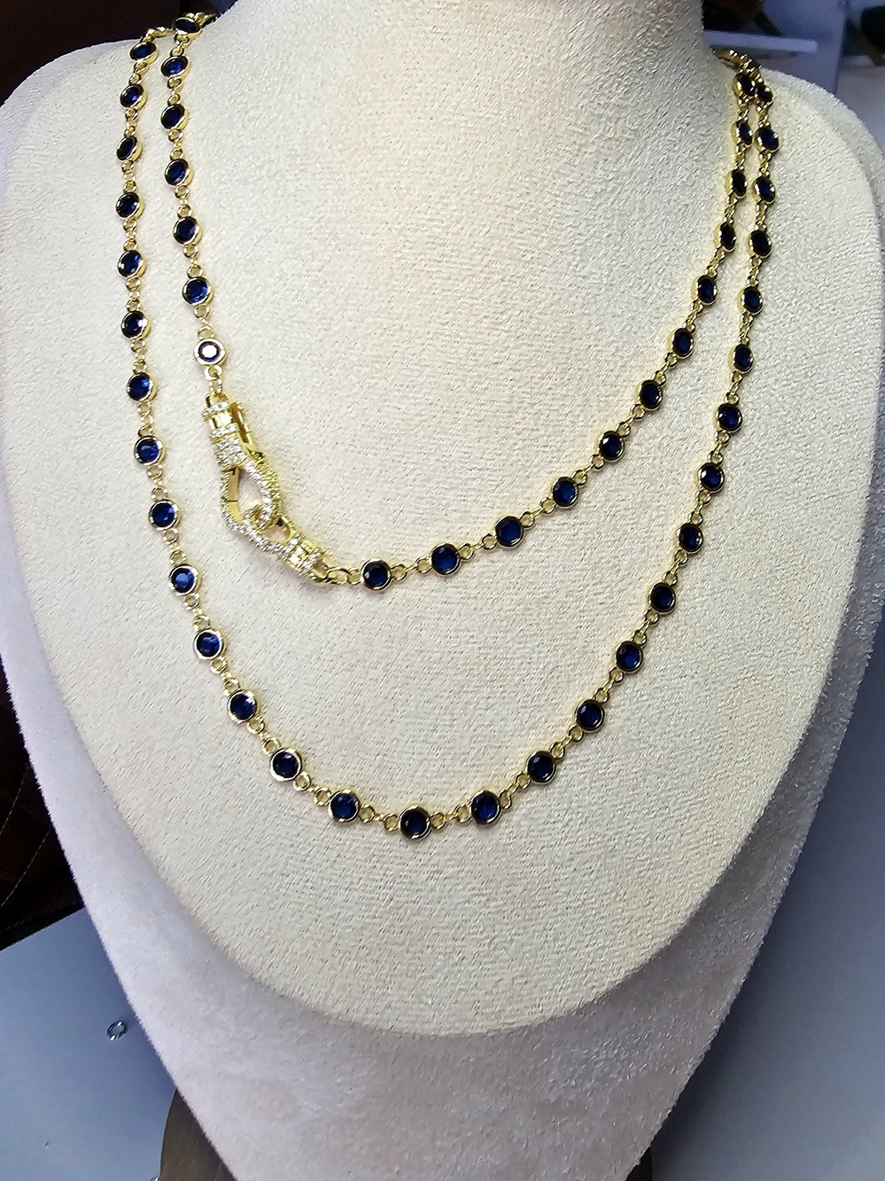 40 Inch 14k Gold-plated Lumi Necklace Blue CZ Station Link Carabiner Adina Eden